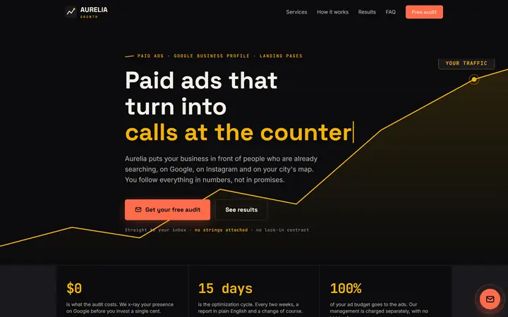 Home page of the Aurelia Media paid ads concept