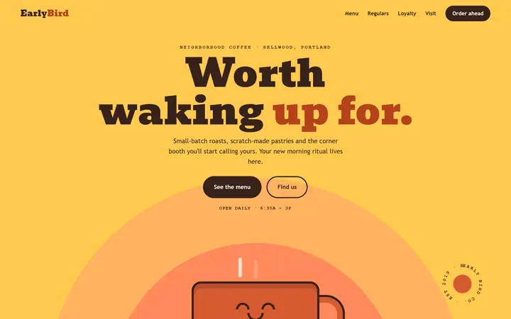 Home page of the Early Bird Coffee concept