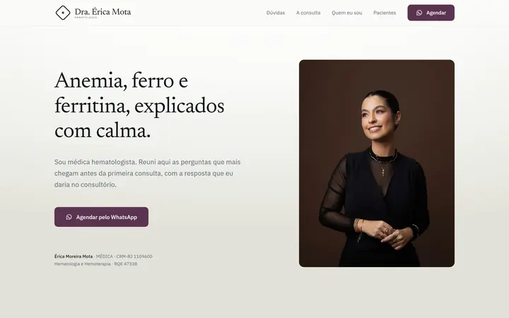 Página inicial do site da médica hematologista Érica Mota